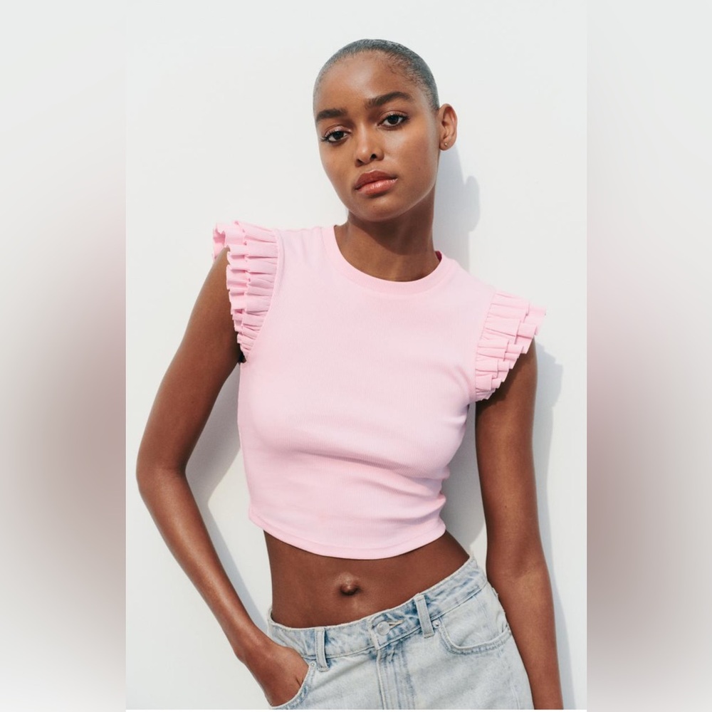 WHITE Zara ruffle sleeve crop tank